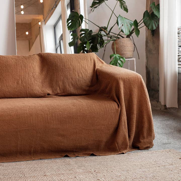 MagicLinen - Wholesale Chair/Sofa Slipcover - Waffle linen couch cover in Cinnamon