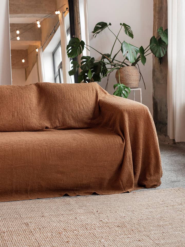 Waffle linen couch cover in Cinnamon for wholesale by MagicLinen (We handle U.S. import procedures for you)