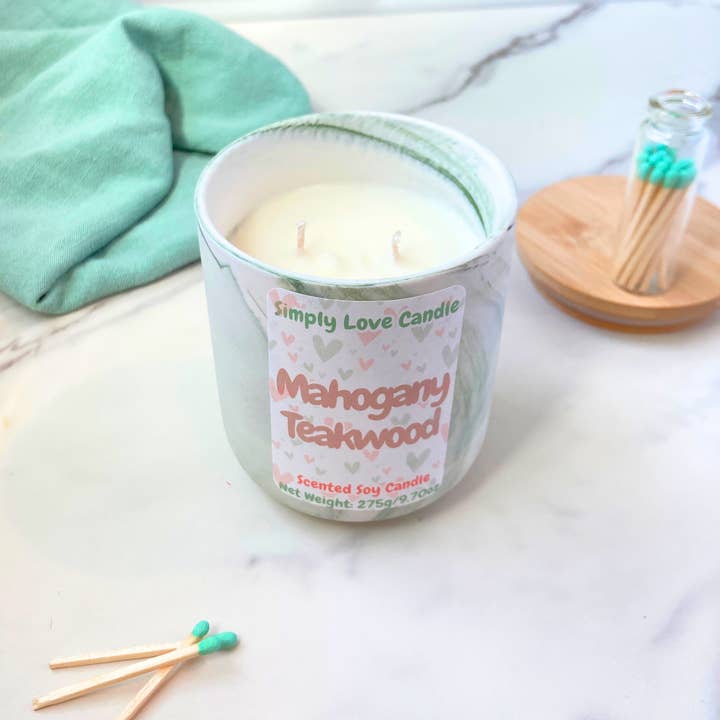 Simply Love Candle - Wholesale Jar/Filled Candle - Mahogany Teakwood 10 oz Marbled Ceramic Candle with lid 4