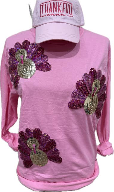 Bling-A-GoGo, LLC - Wholesale T-Shirt (Graphic) - Women's - 3x Sequin Turkey(C) on Light Pink Long Sleeve Crew / Fall