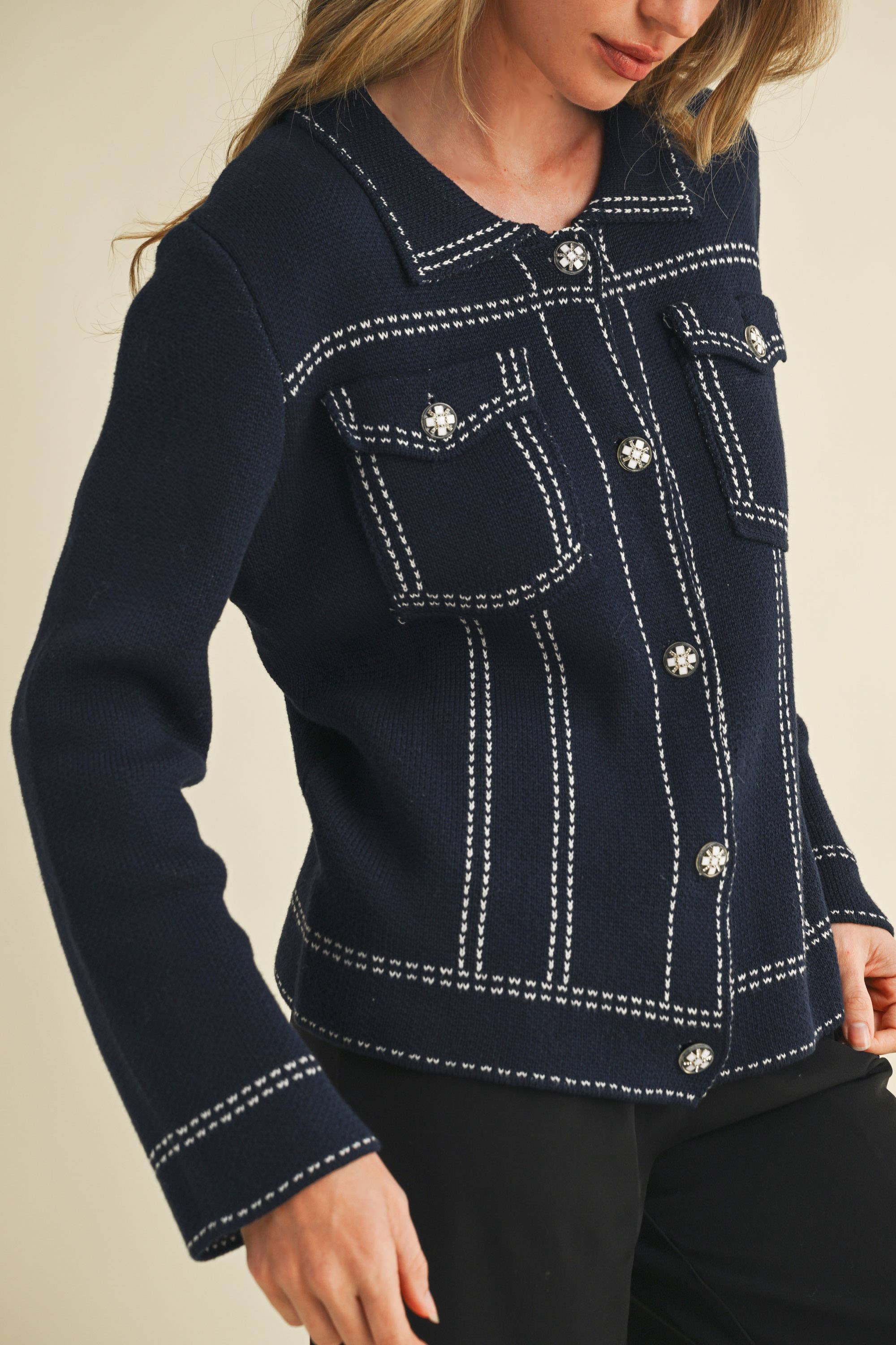 &MERCI - Wholesale Jacket - Women's - DENIM EFFECT KNIT SWEATER JACKET MSW1113016