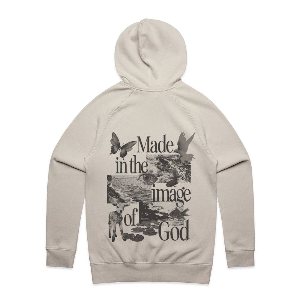 Bone Hoodie mit Collage "Im Bilde Gottes gemacht" für den Großhandel auf Faire0