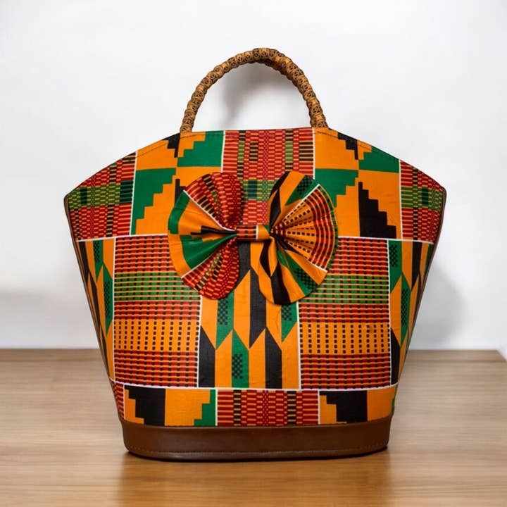 Kente Print Handtas met Strik en Kralen Handvat voor wholesale door AfriMart International