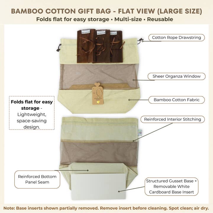Beauty Blisss - Wholesale Gift Bag - Bamboo Cotton Gift Bag LARGE, Natural Beige, Tag, 3 Wraps1