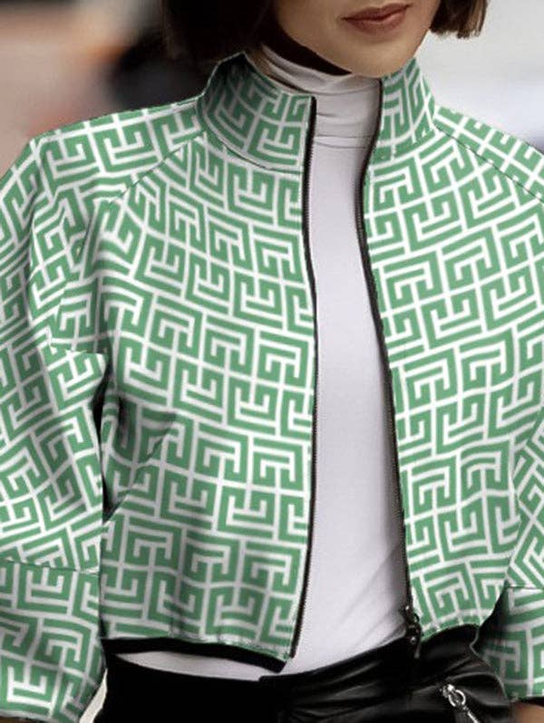 RED Loose Puff Sleeves Printed Stand Collar Outerwear for wholesale on Faire5