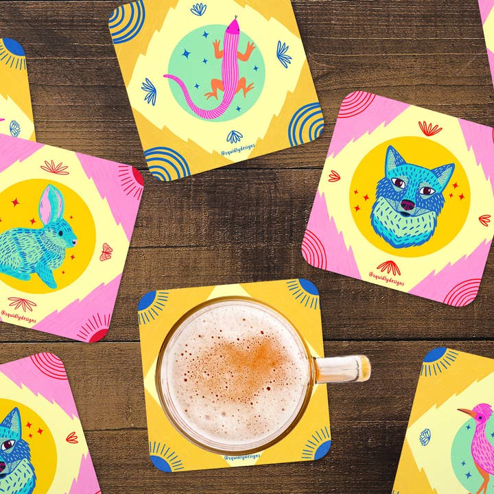 Ensemble de dessous de verre - Animaux du désert - Lumineux - Coloré pour la vente par Squidly Designs