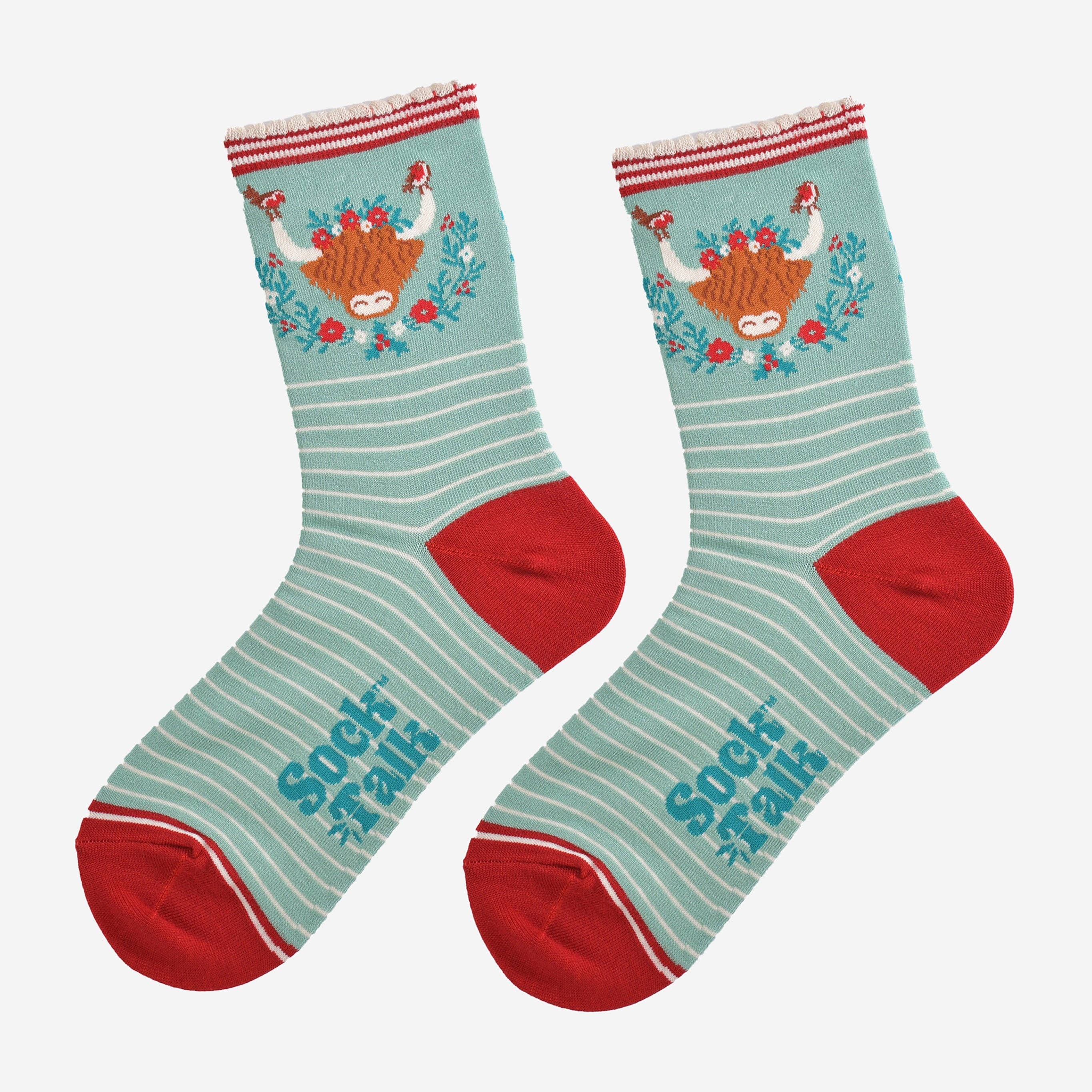 Sock Talk – wholesale Socks – Women's – Women's Bamboo Socks - Green/Red, Christmas Highland Cow10