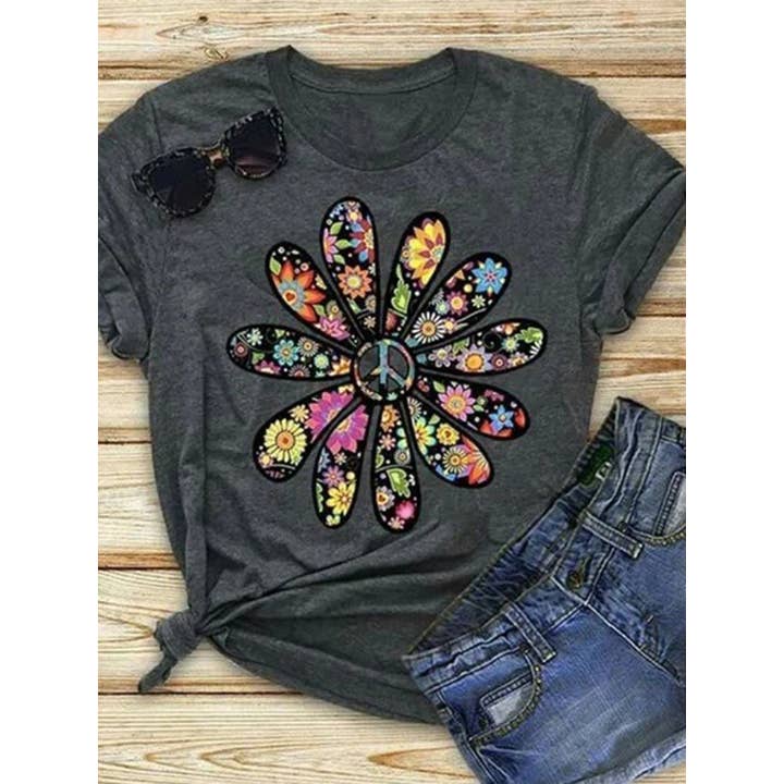 Floral Printed Short-sleeved Round Neck T-shirt for wholesale by Tourtiwi