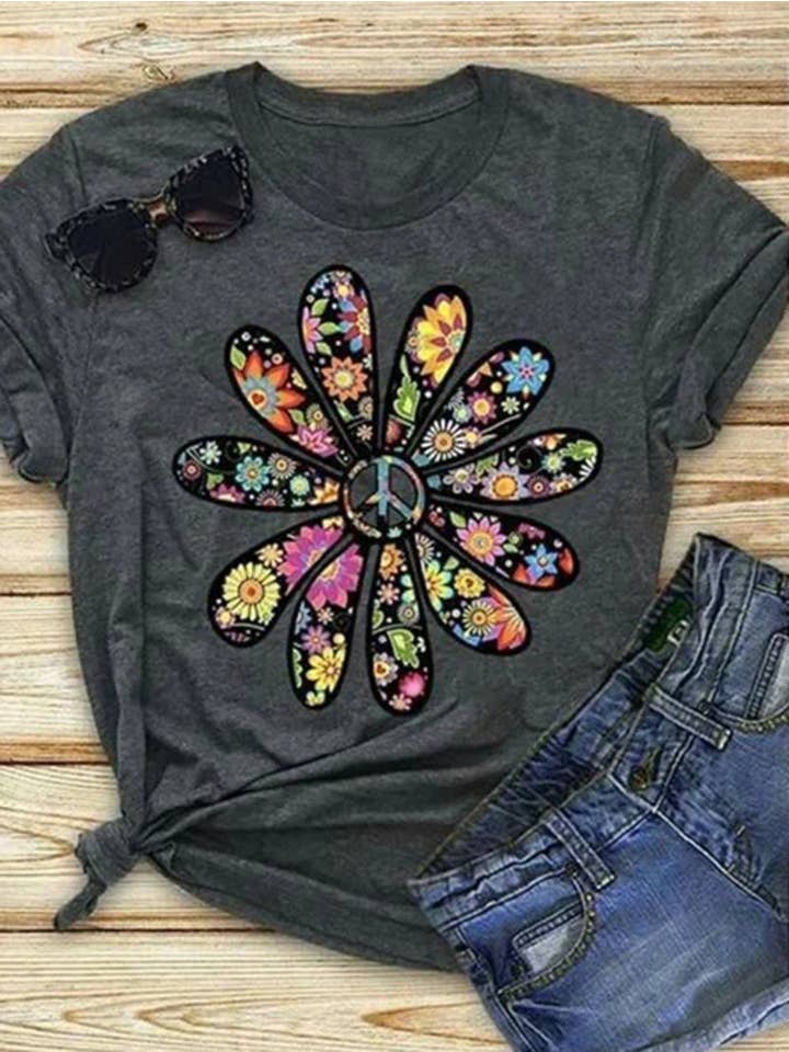 Tourtiwi - Wholesale Screen Printed T-Shirt - Women's - Floral Printed Short-sleeved Round Neck T-shirt