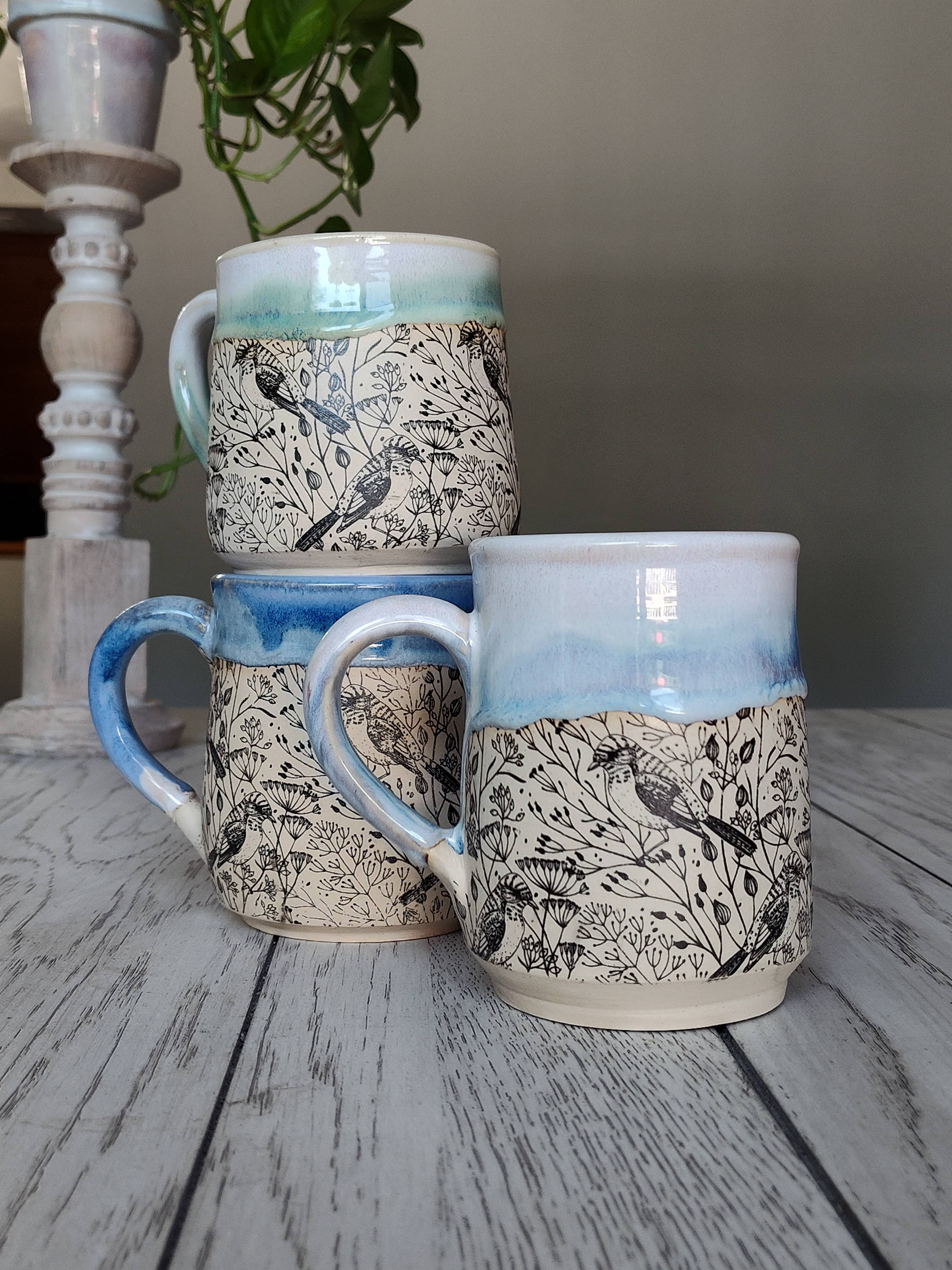 Rise and Design Art Studio - Wholesale Coffee Mug - Floral Bird Mug Blue Cream Accents (12–16 oz)4