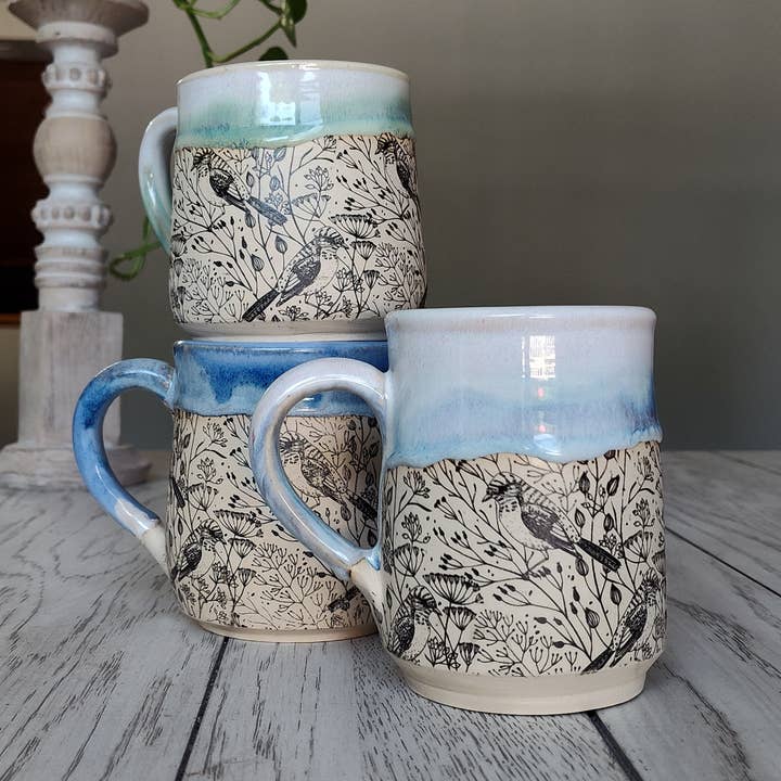 Rise and Design Art Studio - Wholesale Coffee Mug - Floral Bird Mug Blue Cream Accents (12–16 oz)4