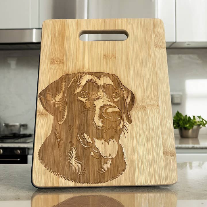 Black or chocolate Labrador Bamboo Cutting Board for wholesale by The Krafty Equestrian