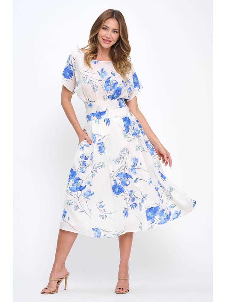 Blanc/bleu Fabriquée aux États-Unis Jupe Midi à Imprimé Floral avec Doublure et Poches en vente sur Faire4
