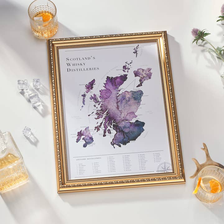 Golden Scottish Whisky Distillery Map for wholesale by EJayDesign