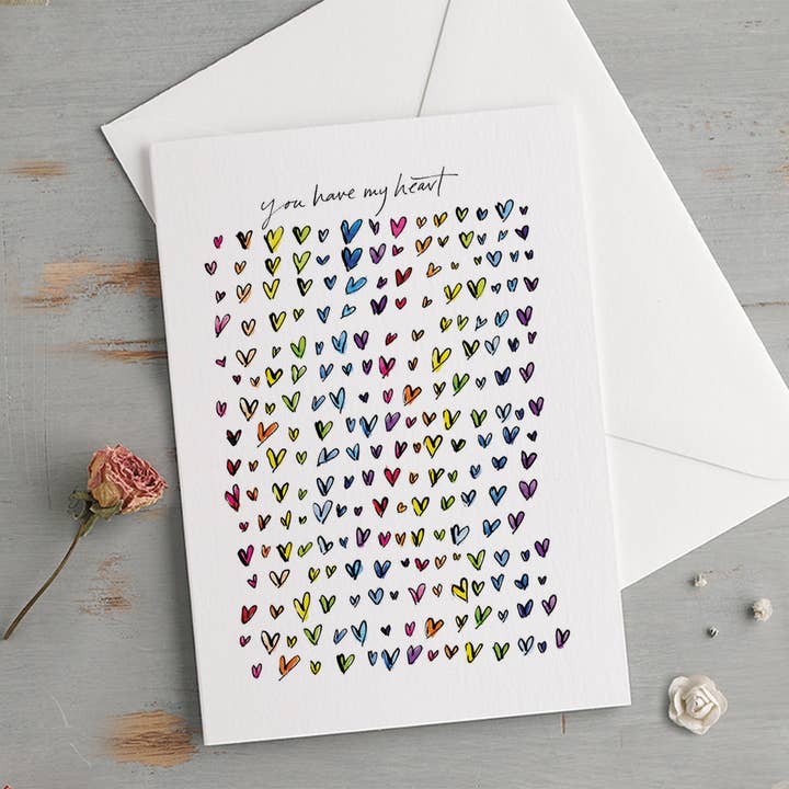 'Je Hebt Mijn Hart' Regenboog Liefde Harten Kaart voor wholesale door Gabrielle Solly Illustration