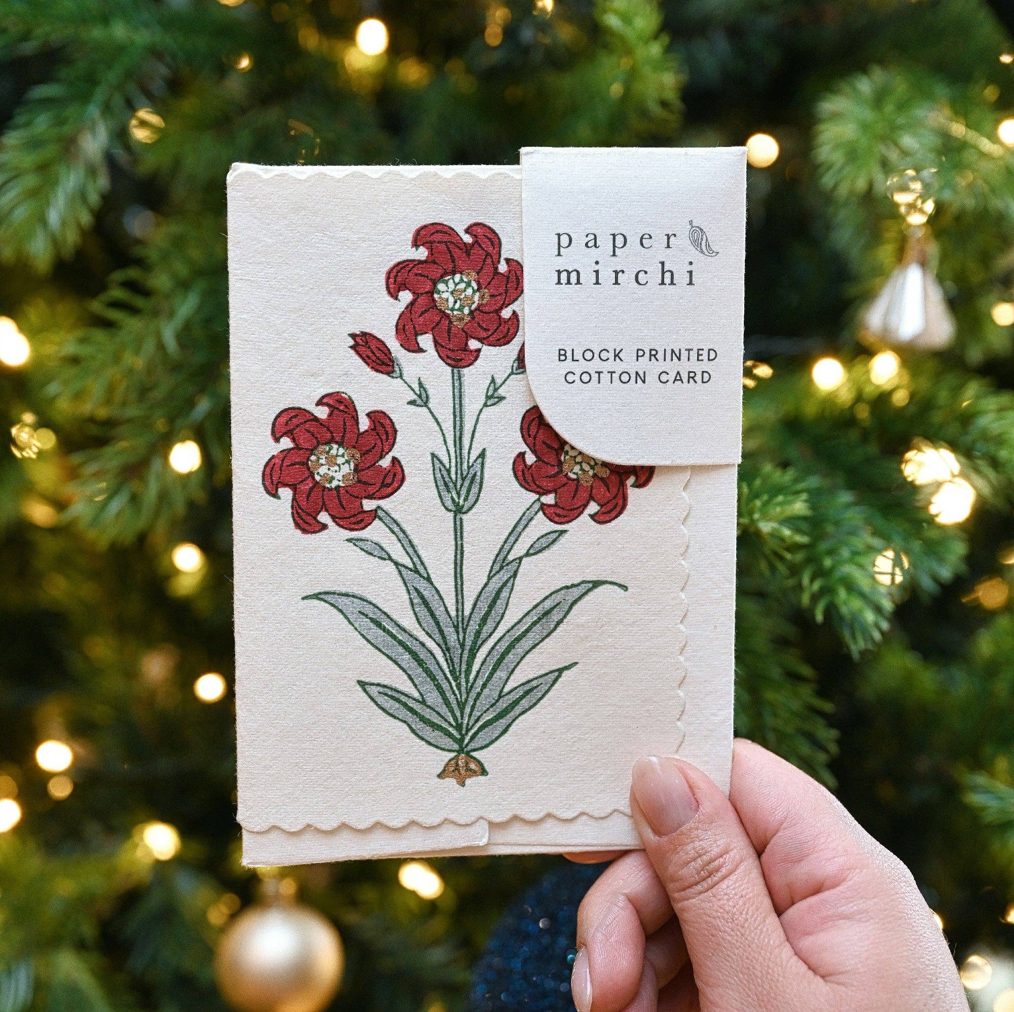 Paper Mirchi – wholesale Season’s Greetings card – Hand Block Printed Greeting Card - GC Nargis Sage0