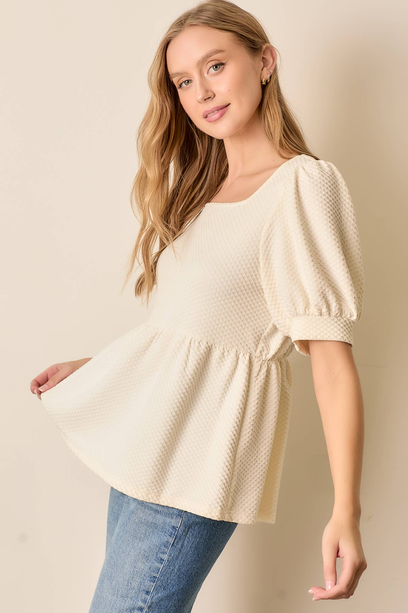 CREAM TEXTURED SQUARE NECK SHORT SLEEVE TOP for wholesale on Faire1