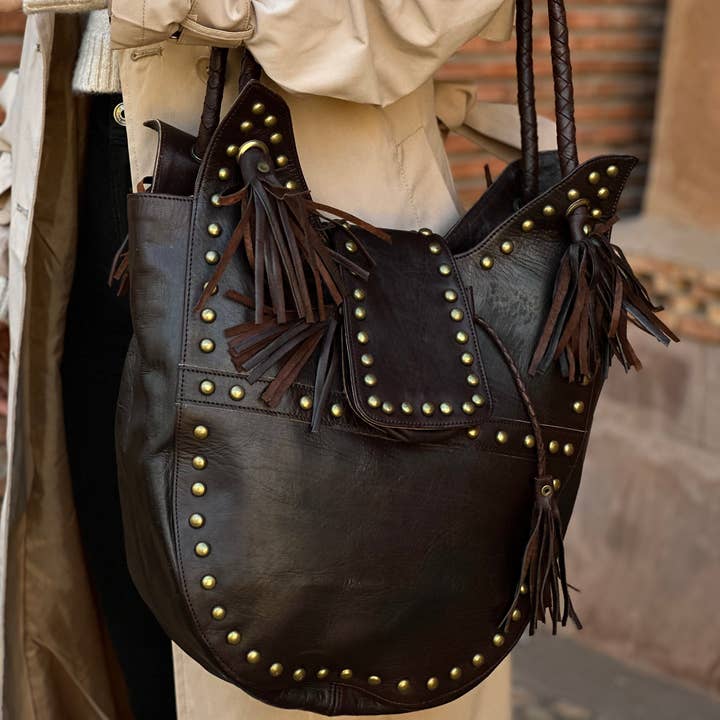 Berberwoolrug - Wholesale Shoulder bag – women's - Handmade fringe Brown Leather Hobo Bag, Chic Shoulder Purse 7