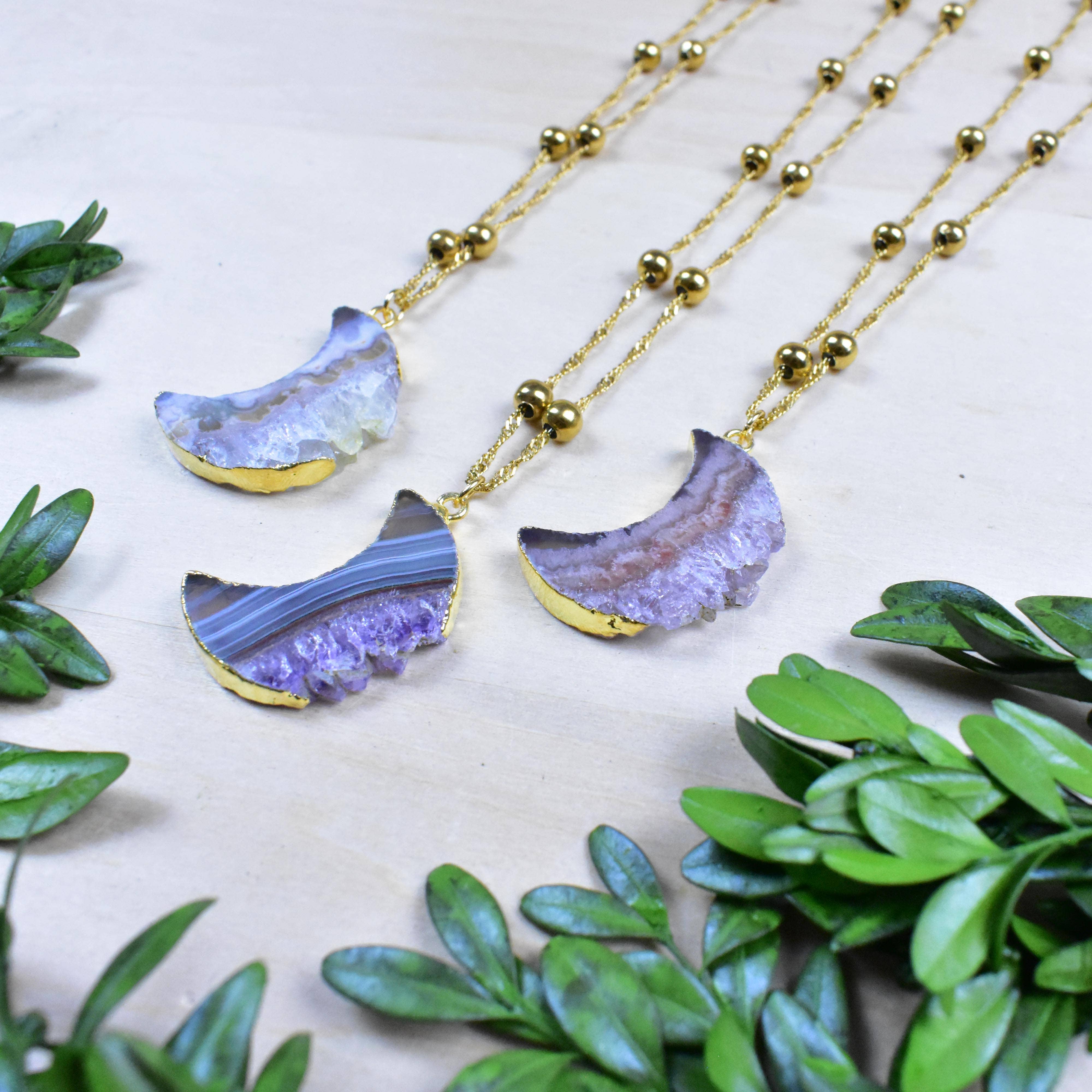 Ewelina Pas Jewelry - Wholesale Pendant/Charm Necklace - Gold Crescent Moon Amethyst Slice Necklace3