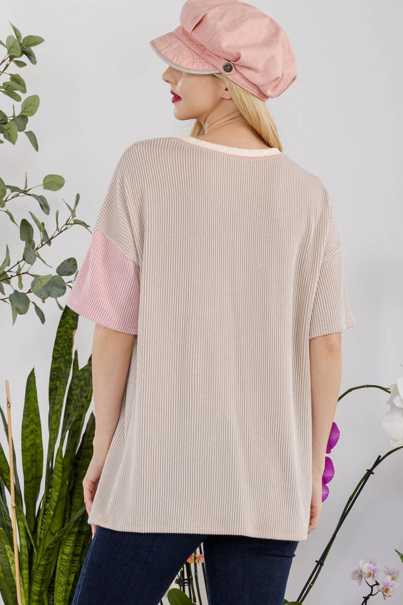 Celeste Clothing - Wholesale Tunic - Women's - URBAN RIB COLOR CONTRAST T-SHIRT WITH POCKET -CT43877A5