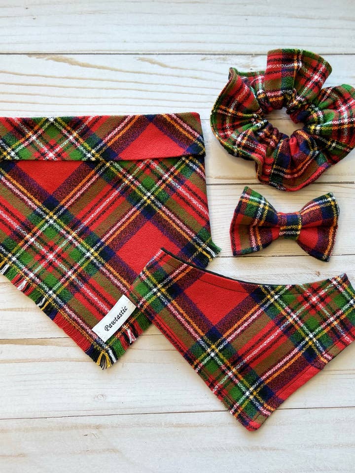 Red Christmas Frayed Bandana, bowtie/scrunchie/hairbow for wholesale by Pawtastic Bandanas