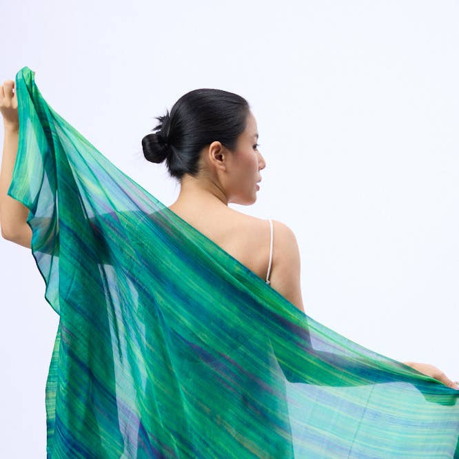 Stripe Peacock Green Silk Habotai Scarf- Hand Dyed Luxury from Vietnam for wholesale by Silk and Bears