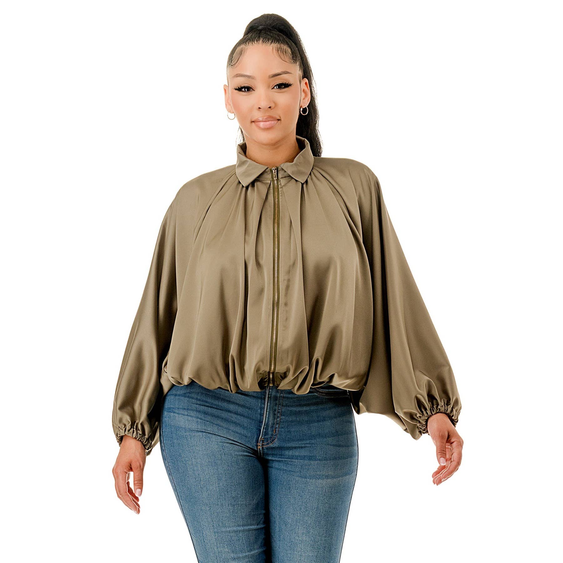 DORCAS - Wholesale Jacket - Women's - SATIN COLLARED ZIP FRONT BOMBER JACKET3