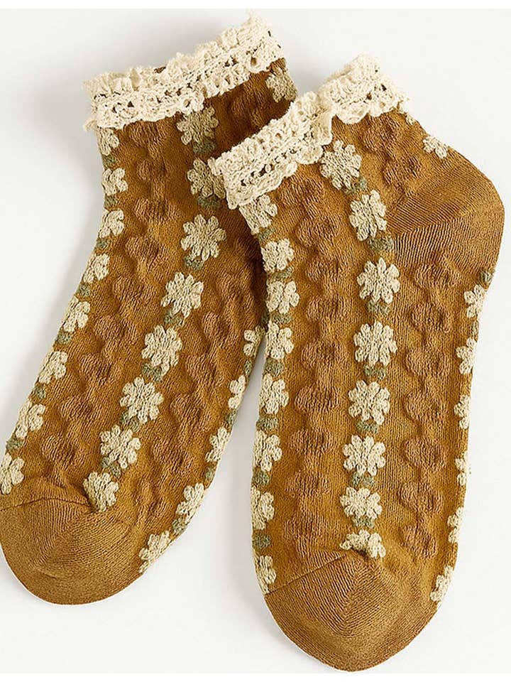 Sweetkama - Wholesale Socks – Women's - Ladies Floral Embroidery Ruffled Trim Knit Ankle Socks2