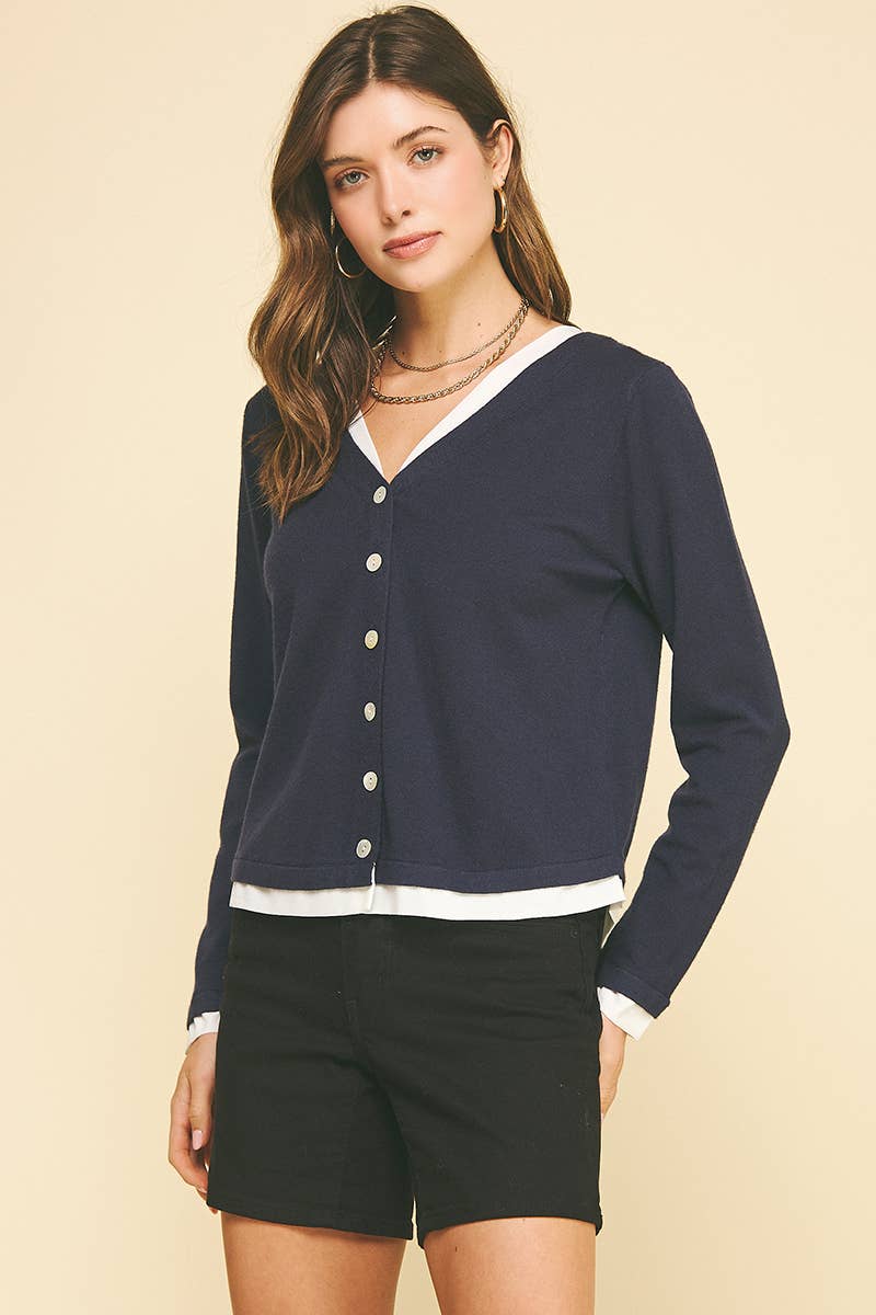 PINCH - Wholesale Knit Top - Women's - V-NECK WOVEN COMBO CARDIGAN TOP - 5831W26