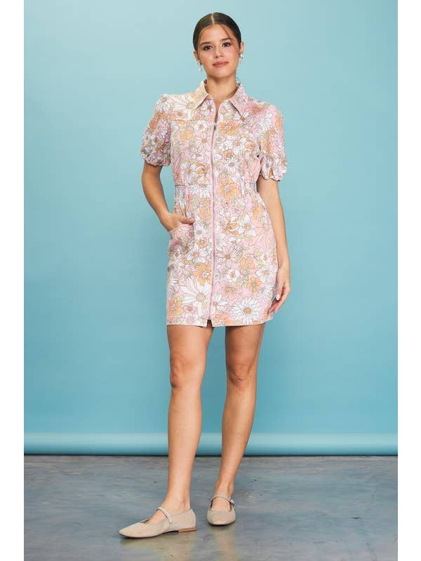Apricot Short Puff Sleeve Floral Zip-Up Shirt Dress for wholesale on Faire5