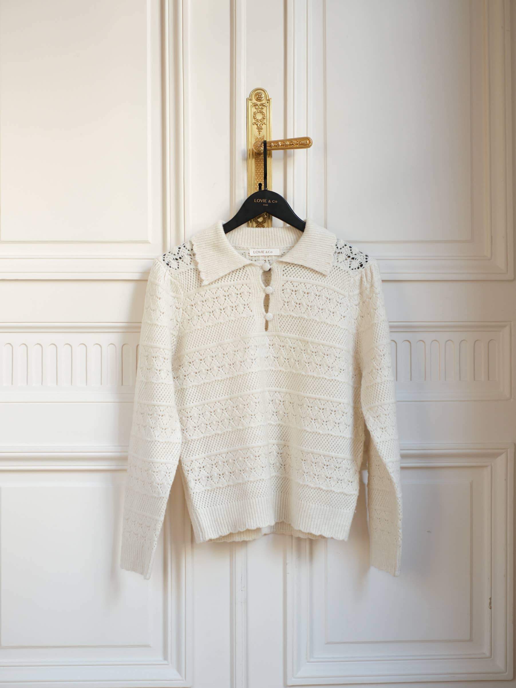 LOVIE & CO - Wholesale Knit Sweater - Women's - Openwork knit sweater with buttoned polo collar - 258286-LEILA6