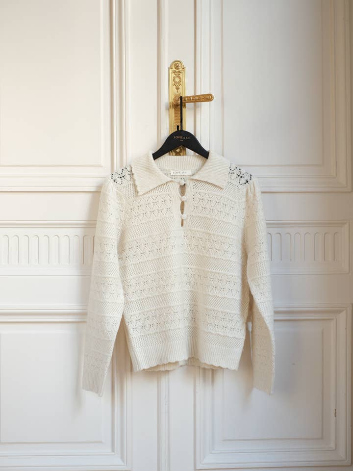 LOVIE & CO - Wholesale Knit Sweater - Women's - Openwork knit sweater with buttoned polo collar - 258286-LEILA6