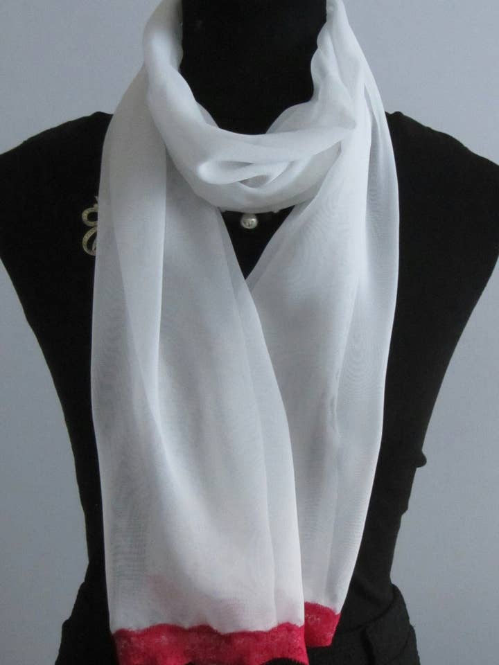 White Chiffon Scarf With Deep Pink Lace Trim for wholesale by Style Showroom