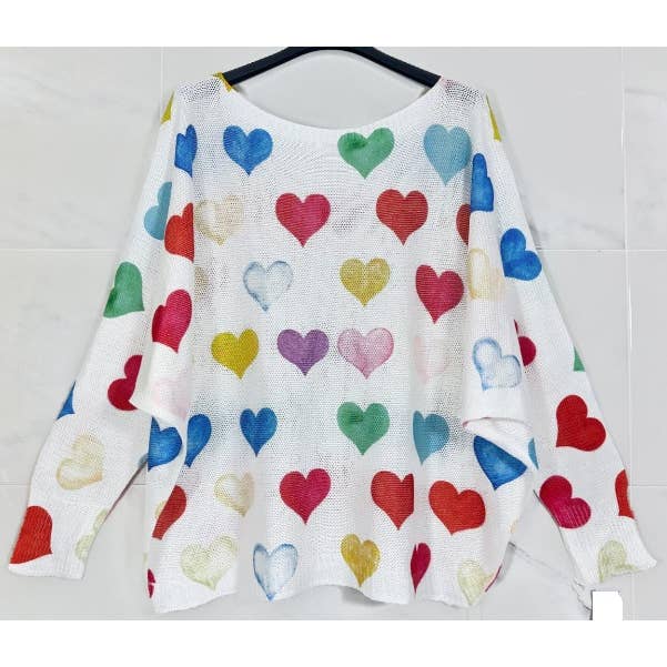 Pull à manches longues en tricot imprimé à col en V avec plusieurs cœurs pour la vente par LOOWIE