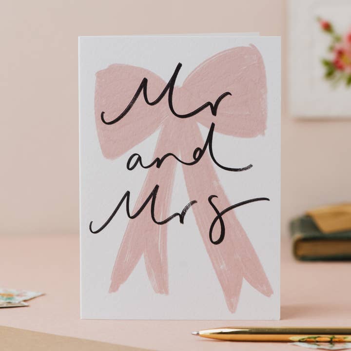 'Mr and Mrs' Bow Handwriting Wedding Card for wholesale by Oh Squirrel