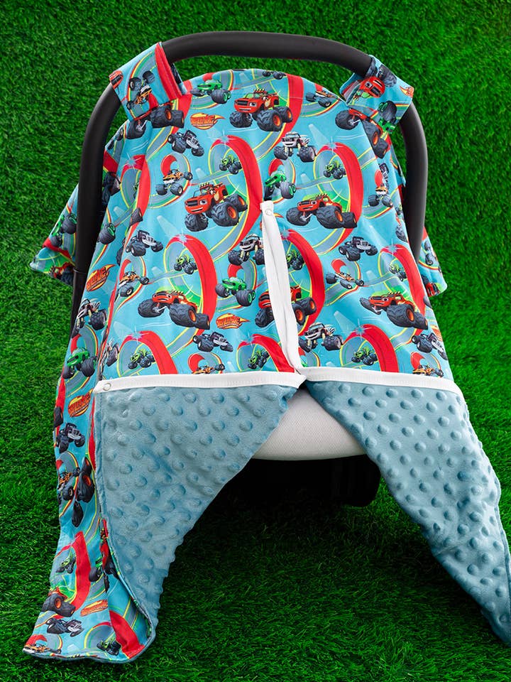 Lt. Blue Multi Monster Truck Printed Car Seat Cover for wholesale by Kids Charm Online