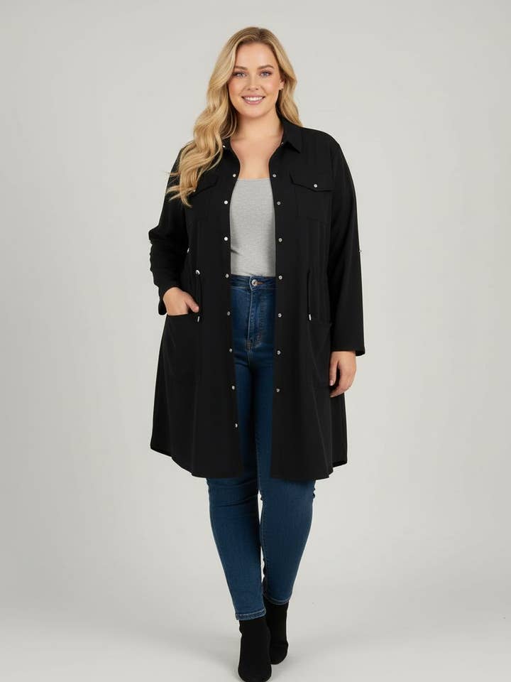 Black plus-size jacket-dress (C6525) for wholesale by Pomme Rouge Paris