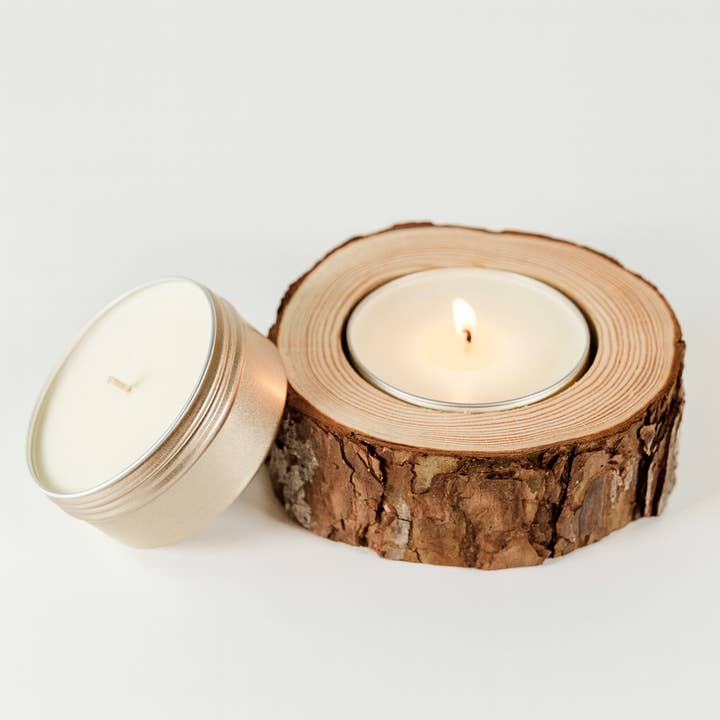 Refillable Wood Slice Candle Holder - Rustic Candle Vessel for wholesale by Craft&Kindle