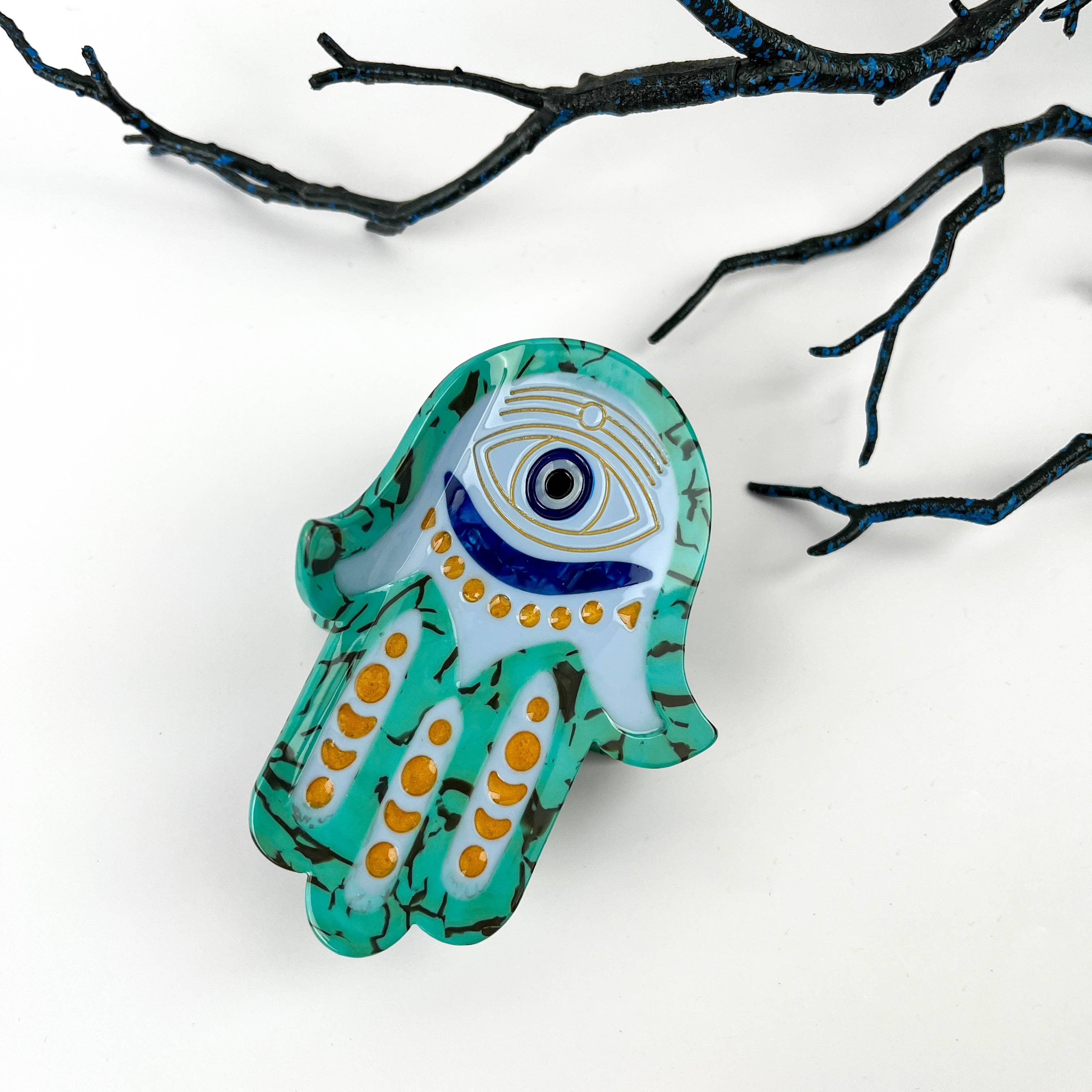 Green Neoclassical Buddha Hand Acetate Hair Claw Clip for wholesale on Faire2