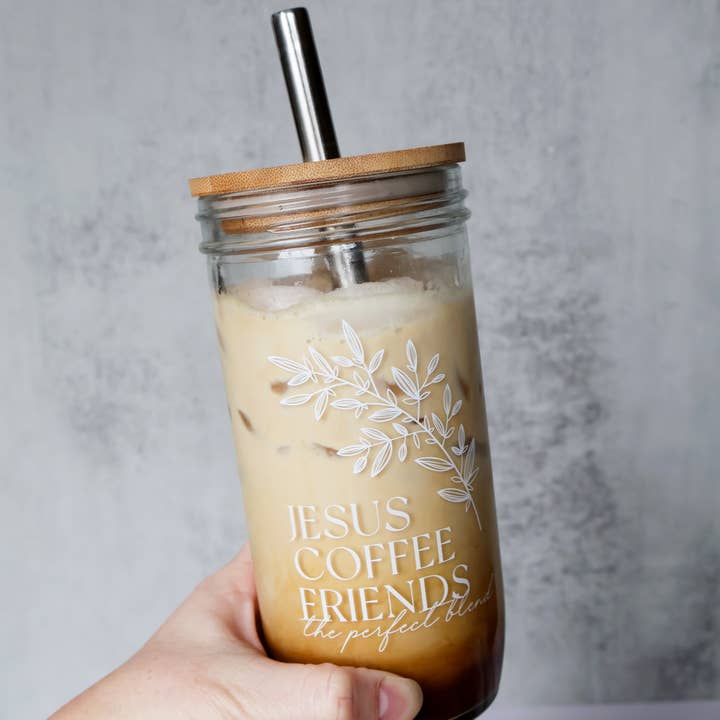 Grace and Joy Company - Wholesale Drinking Glass/Cup - Jesus, Coffee and Friends Floral Glass Tumbler + Bamboo Lid