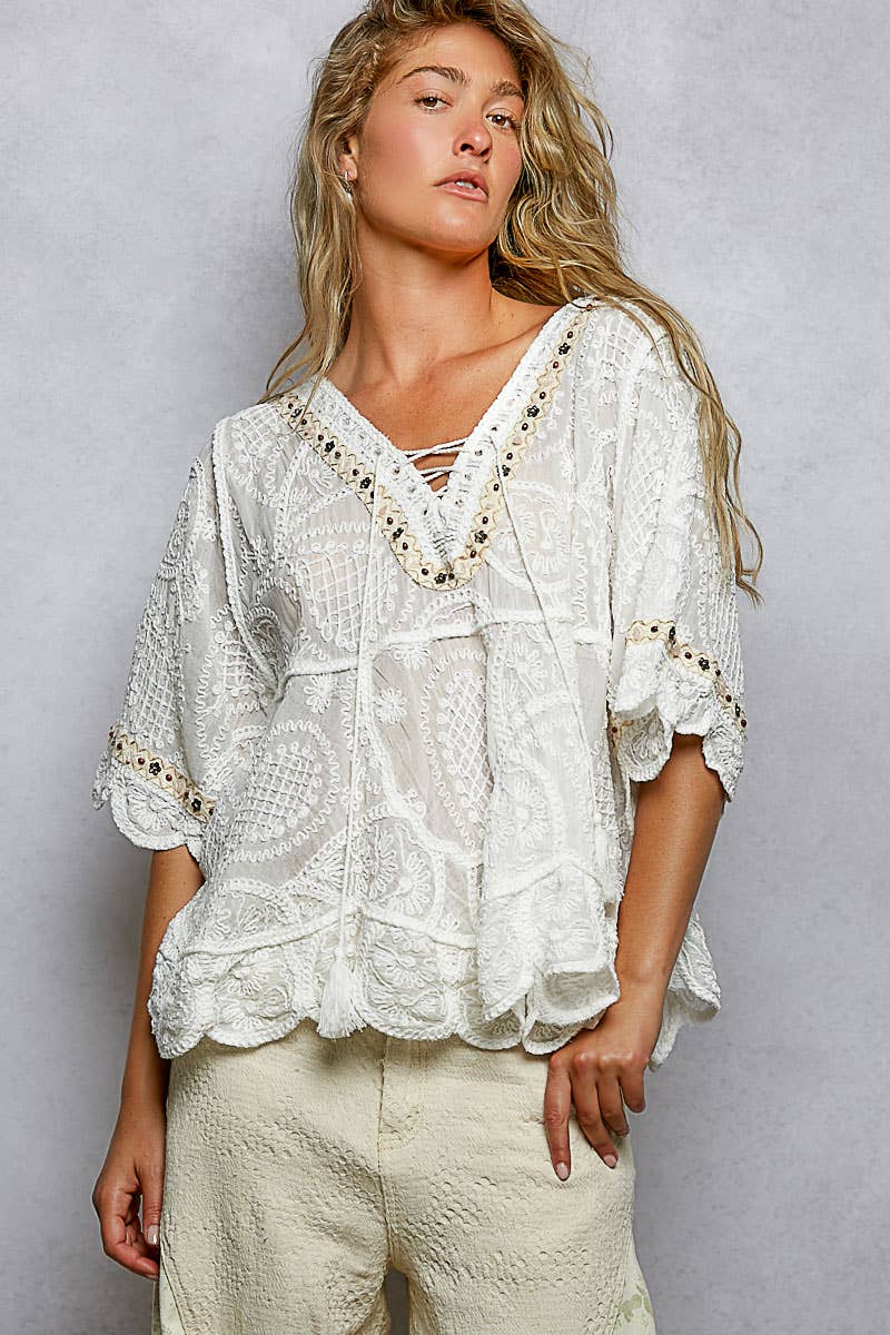 Pol Clothing - Wholesale Blouse - Women's - Short Sleeve Adjustable Drawstring Crochet V Neck Top5