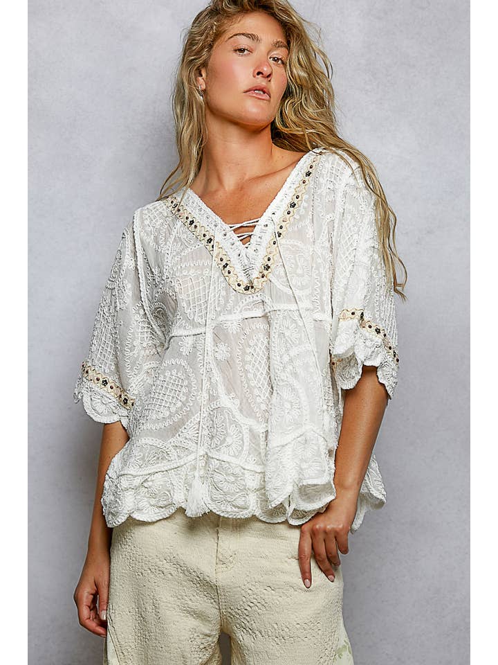 Pol Clothing - Wholesale Blouse - Women's - Short Sleeve Adjustable Drawstring Crochet V Neck Top5