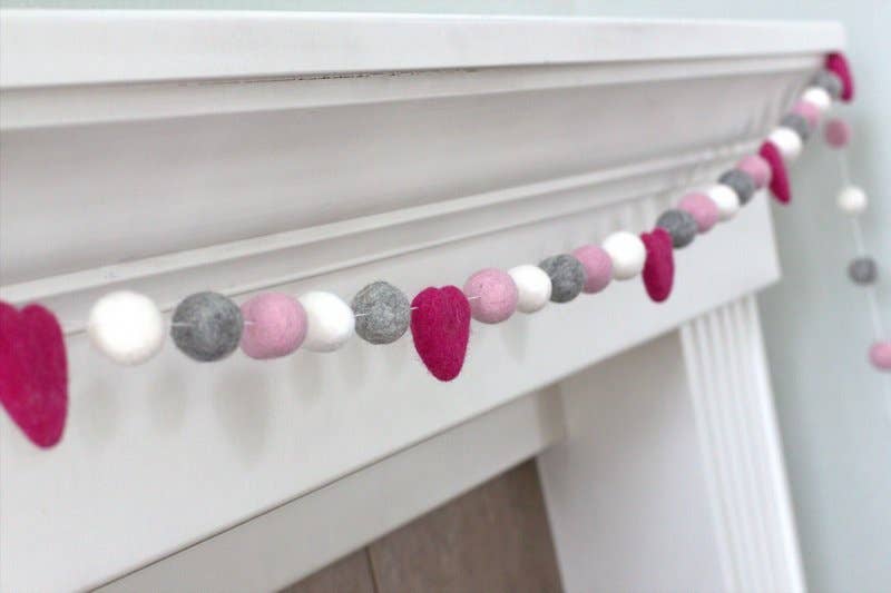 Matthew + Mae - Wholesale Bunting/Garland - Valentine's Day Garland- Pinks Gray White Felt Balls, Hearts6