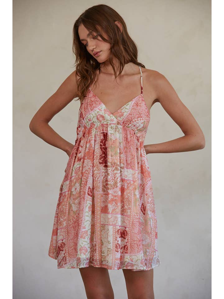 Coral Multi L7282 | Woven Rayon Nylon Floral Print Flare Mini Dress for wholesale on Faire