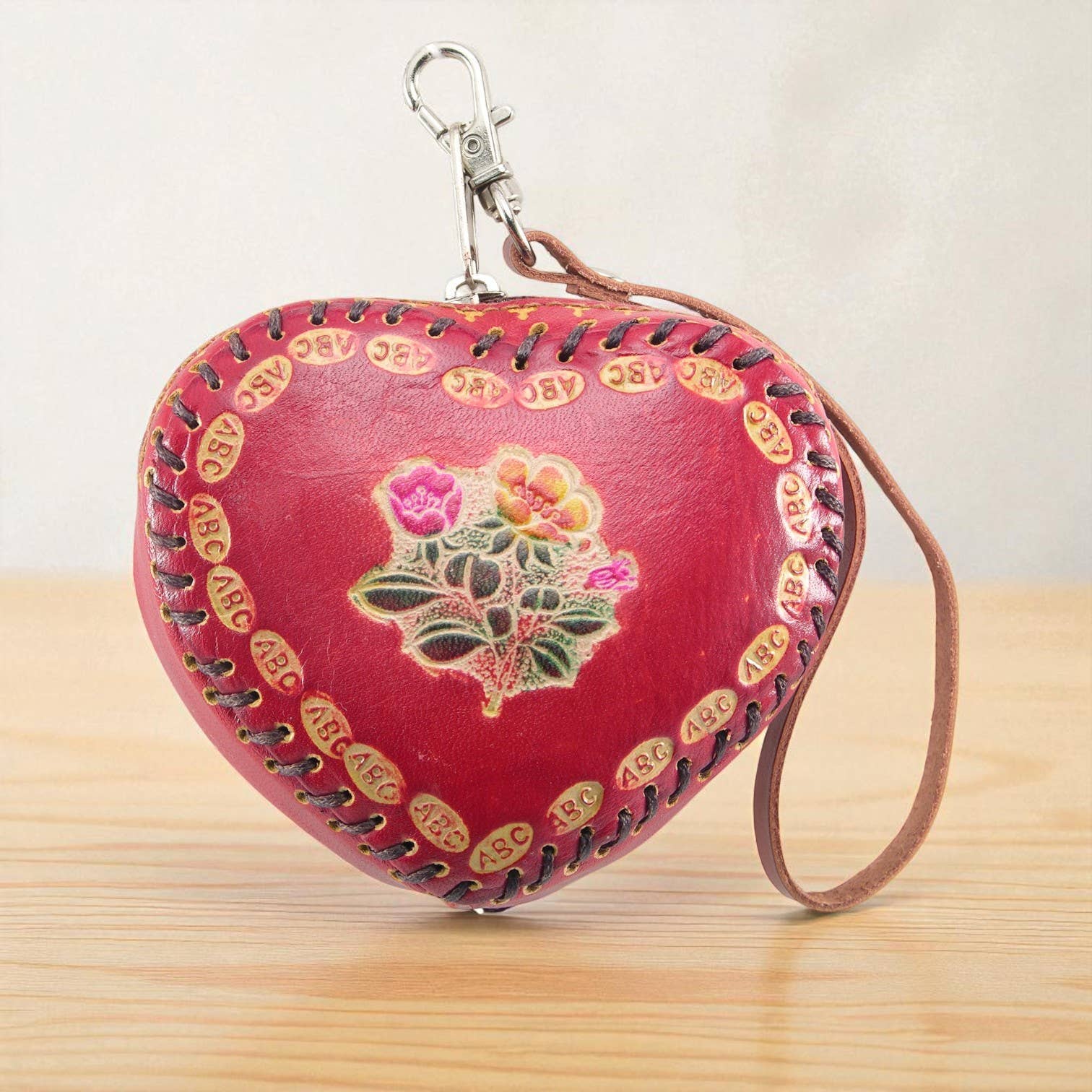 Sunflower Handmade leather inc – Großhandel Geldbörse – Damen – Handgefertigtes Leder-Herzform mit Blumendesign Münzbörse2