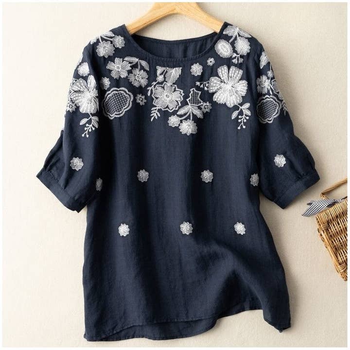 UZ Wholesale Store – wholesale Blouse – Women’s – Embroidered Linen-Cotton Relaxed Fit Round Neck T-Shirt