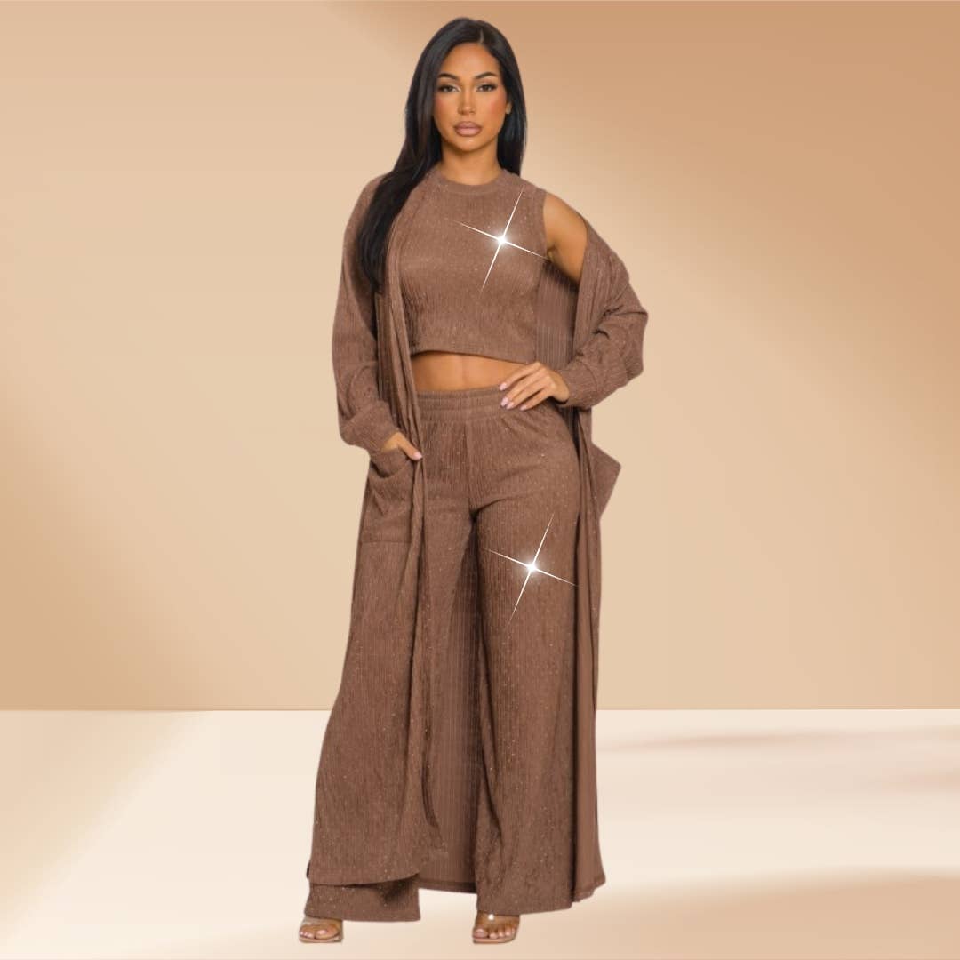 Celystrends - Vente Ensemble haut et pantalon (PAS d'intérieur) - Femme - Ensemble de 3 pièces avec pierres partout : pantalon et cardigan12