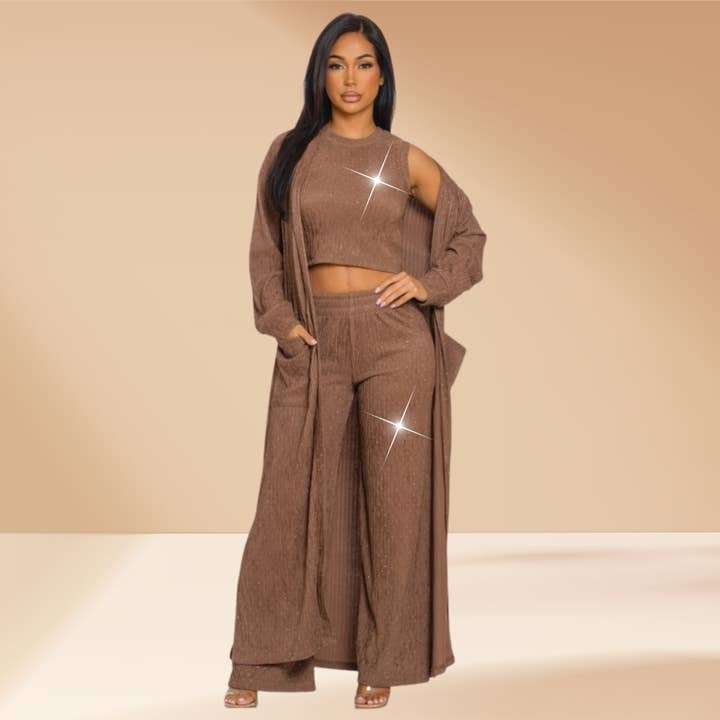 Celystrends - Wholesale Top & Pant Set (NOT Loungewear) - Women's - 3 Piece Set Stones All Over Pants Set Cardigan16