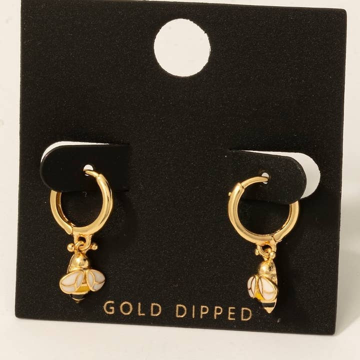 Gold Dipped Epoxy Bee Charm Hoop Earrings for wholesale by Fame Accessories
