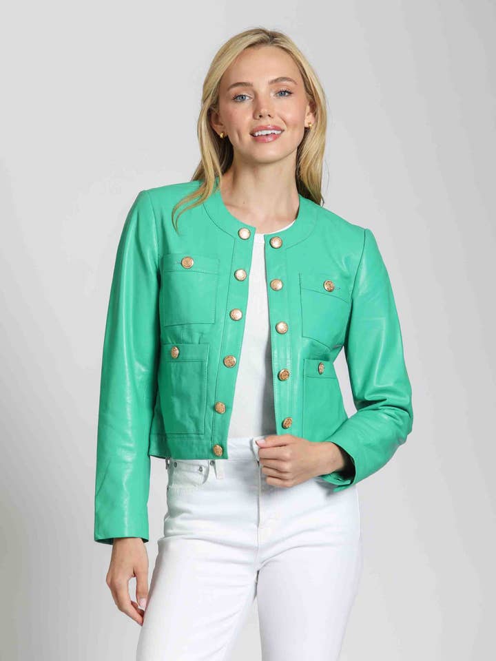 11Uptown - Vendita all'ingrosso Giacca in pelle - Donna - Giacca in pelle di agnello con bottoni dorati4